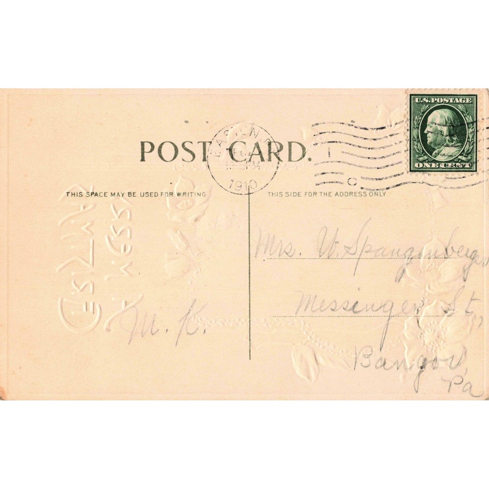 Christmas Postcard Winter Snow Cottage Scene White Flowers Embossed 1910 Antique - Picture 2 of 2